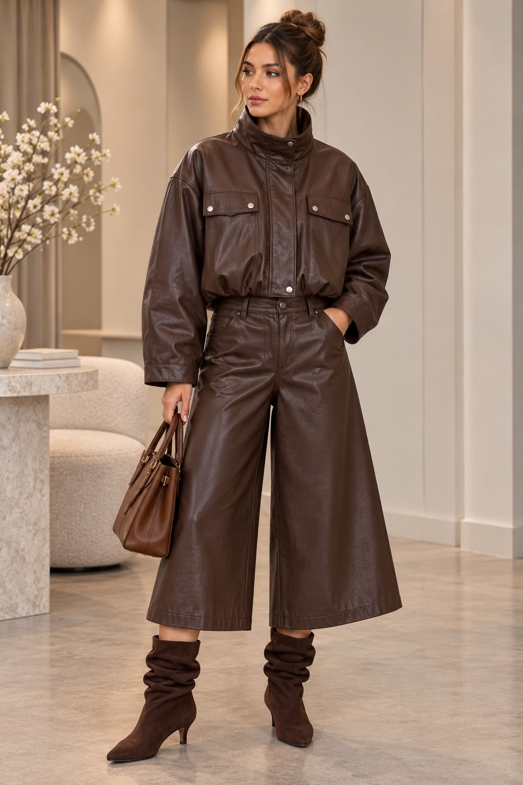 Leatherlook Bomberjack met Opstaande Kraag L62156