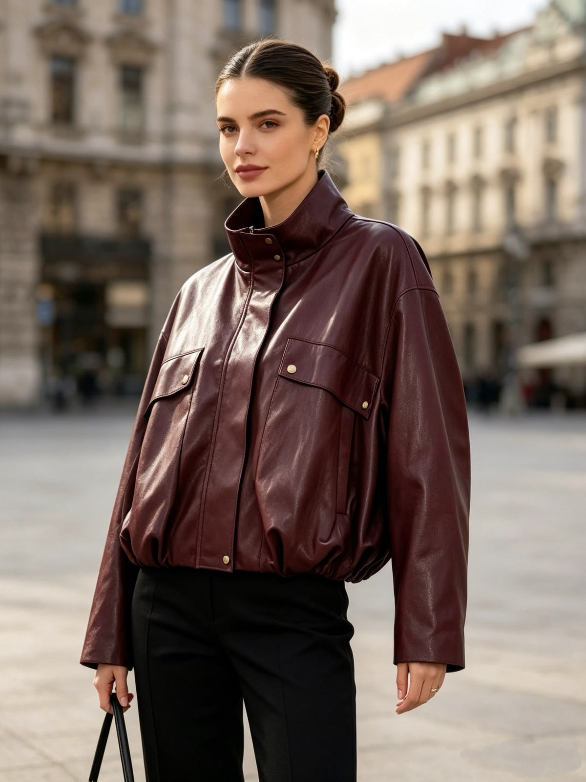 Leatherlook Bomberjack met Opstaande Kraag L62156