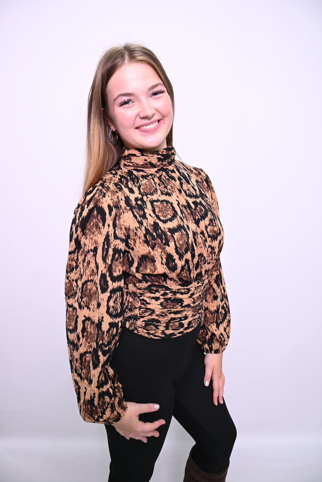Leopard Print Blouse met Hoge Hals en Pofmouwen 5416-12