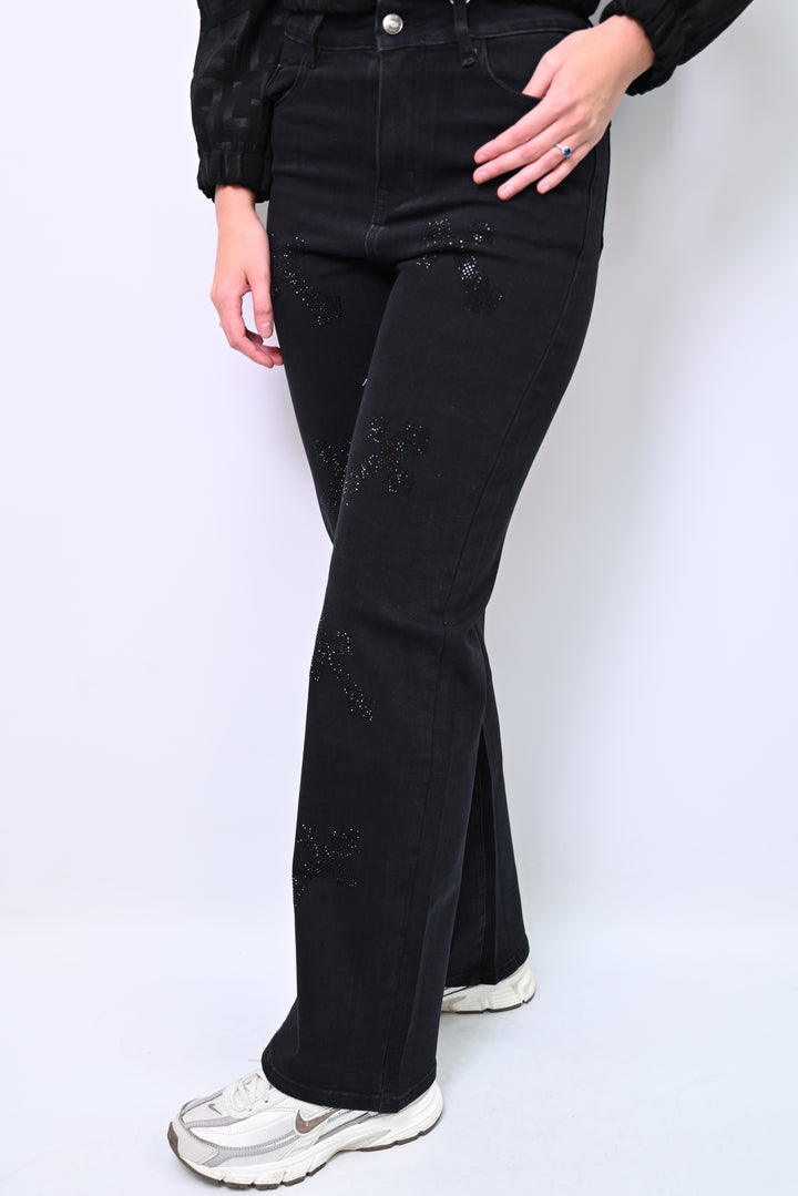 Midnight Glint – Embellished Black Denim Wideleg HelloMiss H979-5