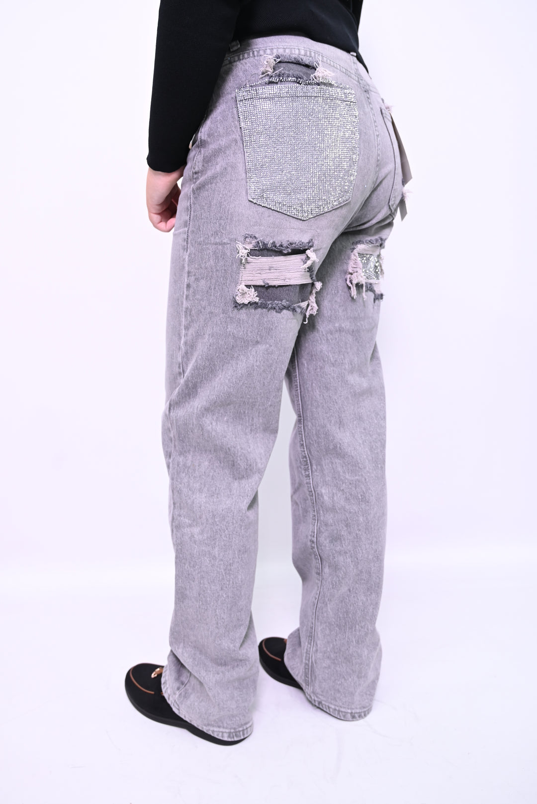 Grijze Distressed Jeans met Metallic Studs Monday T63-1