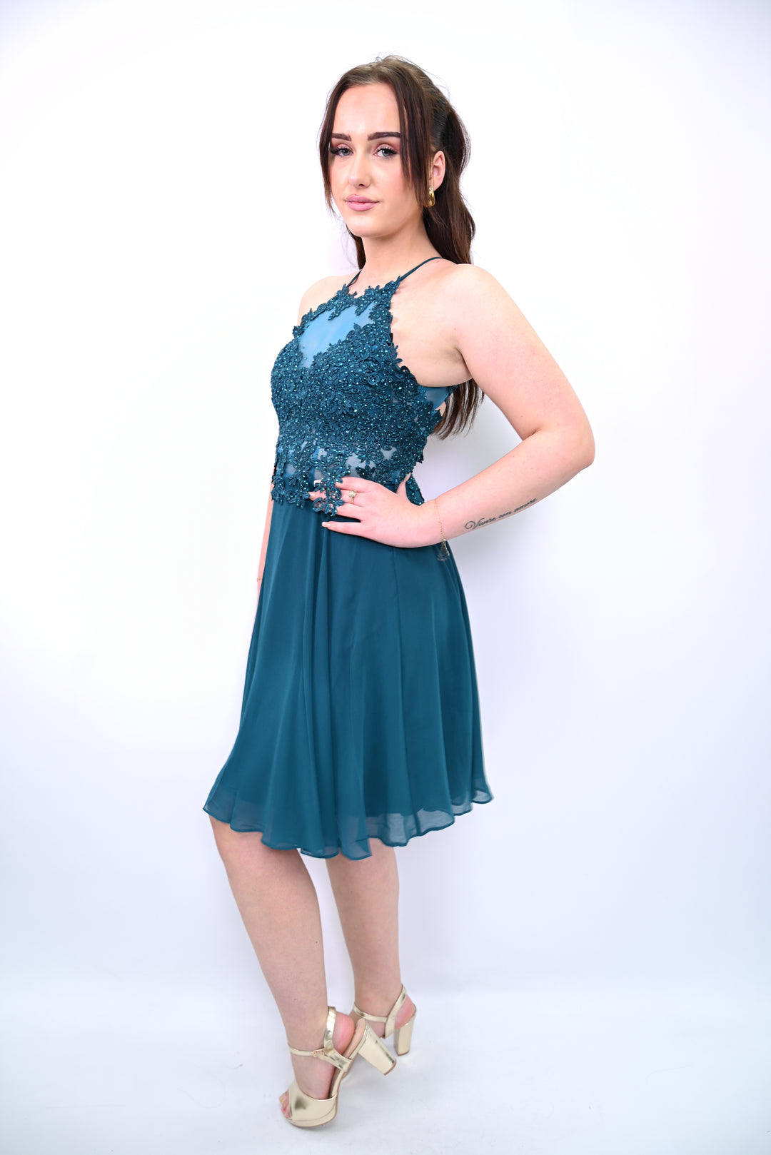 Halter Lace Chiffon Mini Dress 7014