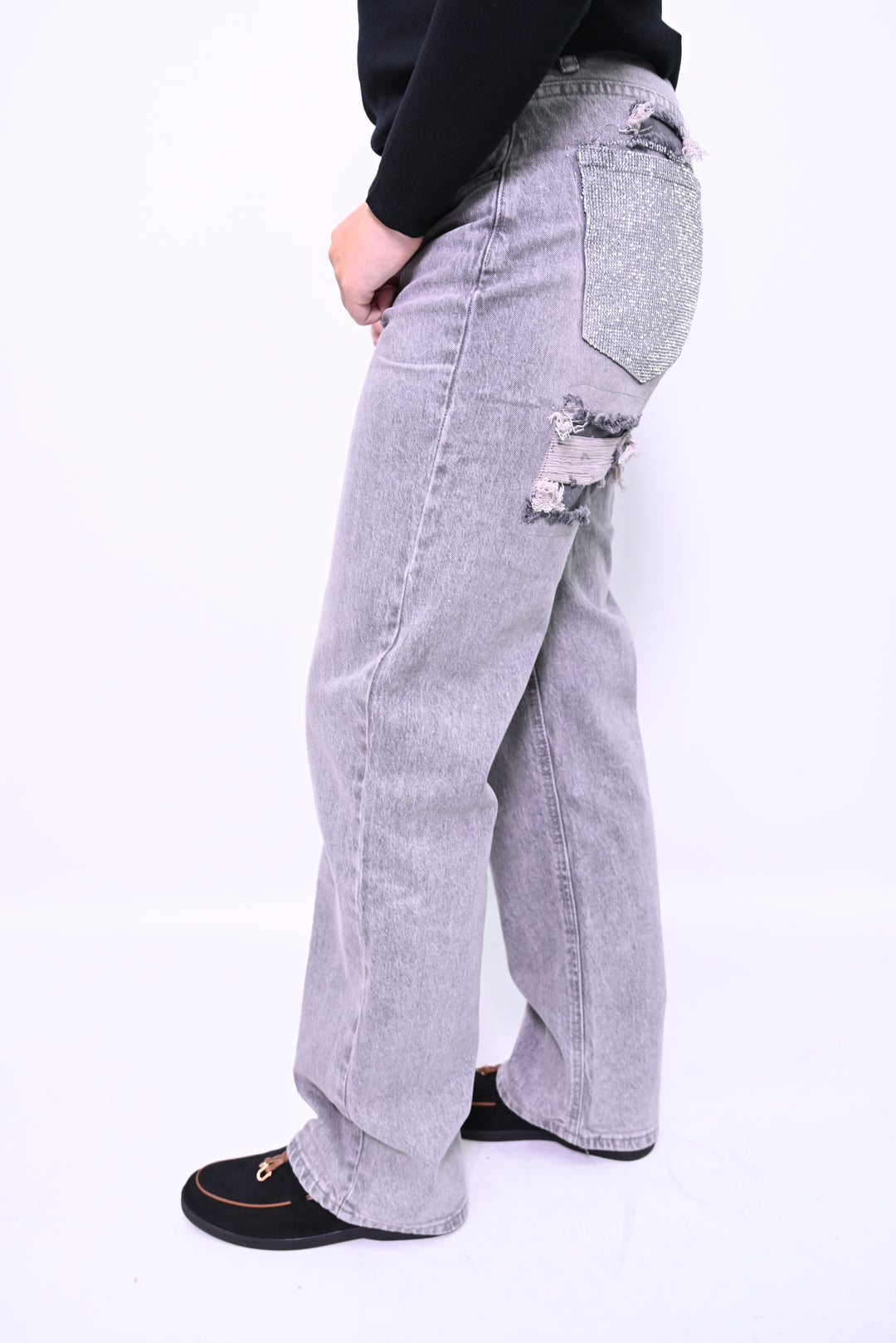 Grijze Distressed Jeans met Metallic Studs Monday T63-1