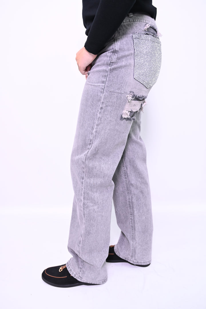 Grijze Distressed Jeans met Metallic Studs Monday T63-1