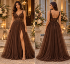 Chocolate Dream – Luxe Galajurk met Kanten Corset en Tule Rok 9232