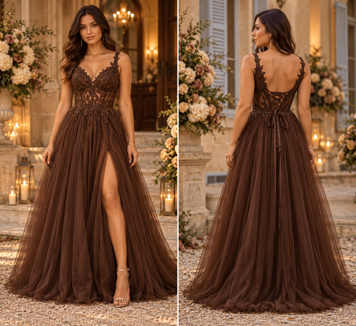 Chocolate Dream – Luxe Galajurk met Kanten Corset en Tule Rok 9232