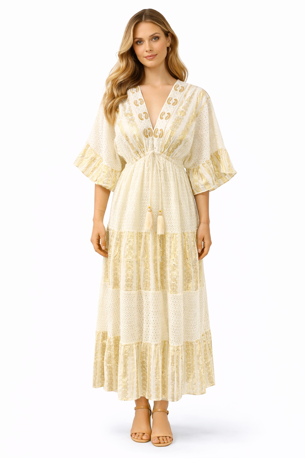 Bohemian Maxi Jurk met Broderie & Gouden Details – Crème/Zwart 313