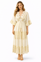 Bohemian Maxi Jurk met Broderie & Gouden Details – Crème/Zwart 313
