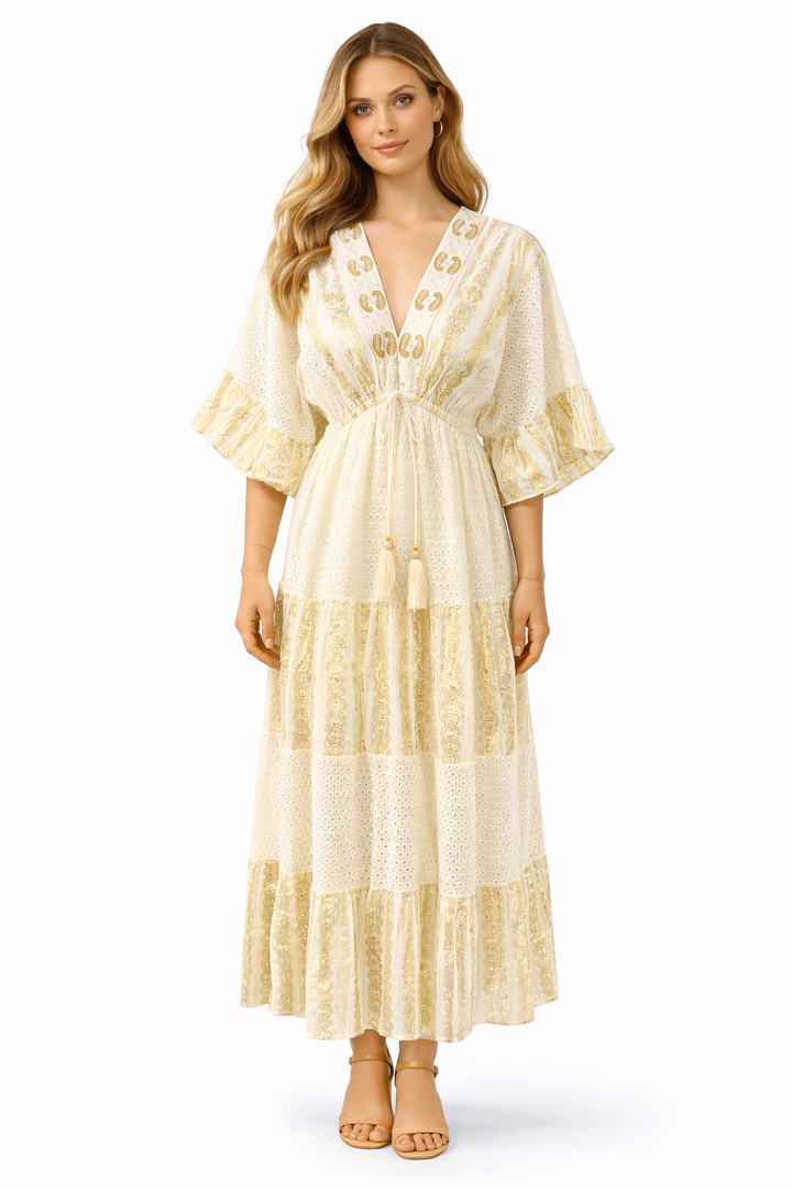 Bohemian Maxi Jurk met Broderie & Gouden Details – Crème/Zwart 313