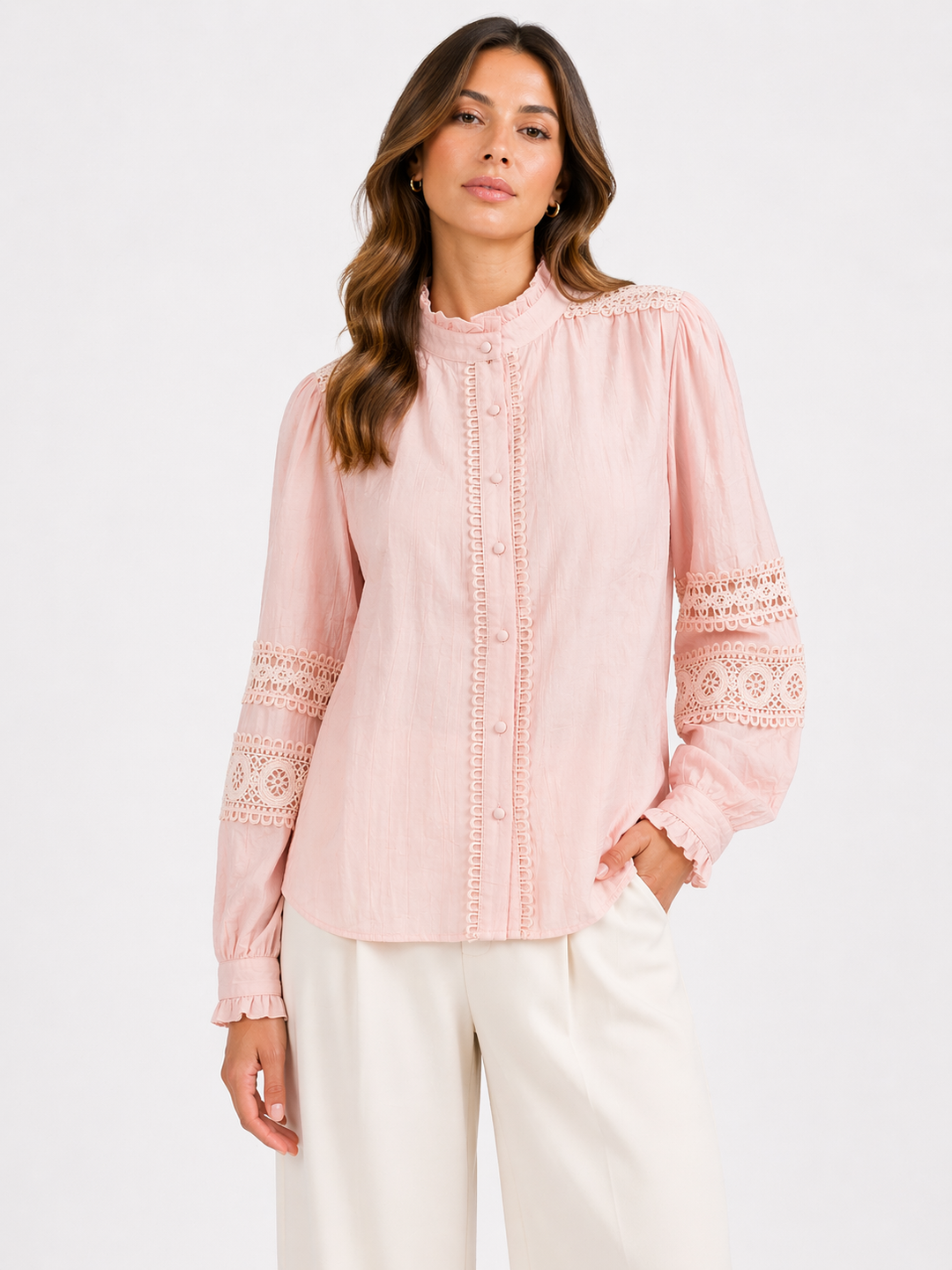 Elegance Lace Detail Blouse – Roze & Lichtblauw 10041