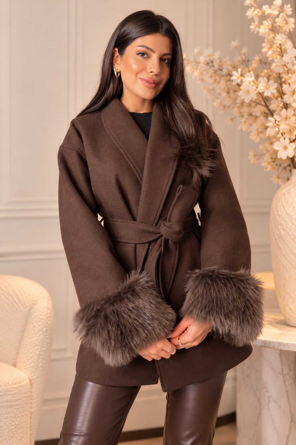 Elegant Luxe Wool Coat with Fur Cuffs