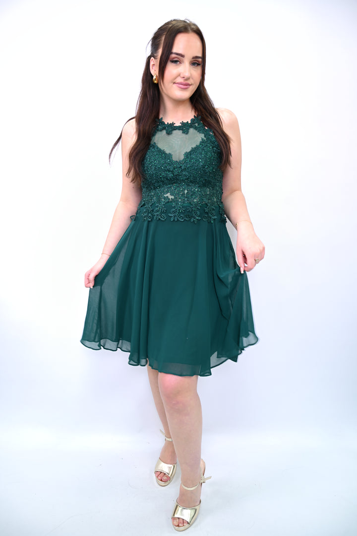 Halter Lace Chiffon Mini Dress 7014