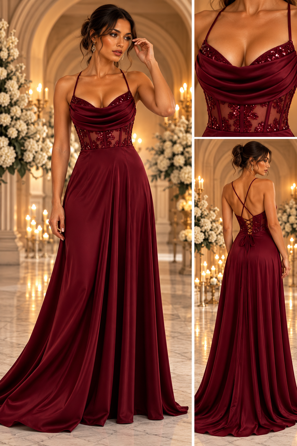 Aurelia Burgundy Satin Gala Dress 6439