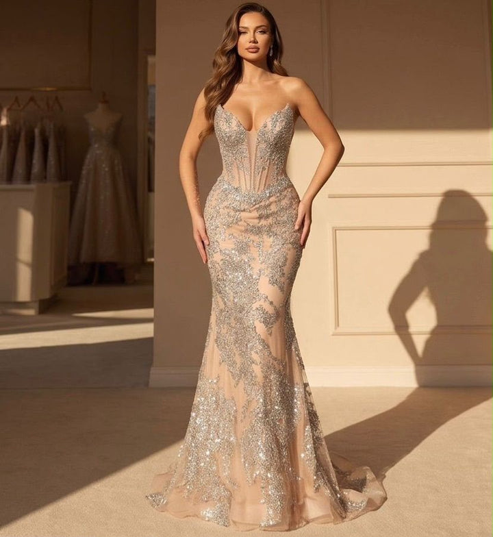 Aurelia Crystal Mermaid Gown – Nude/Silver 81025