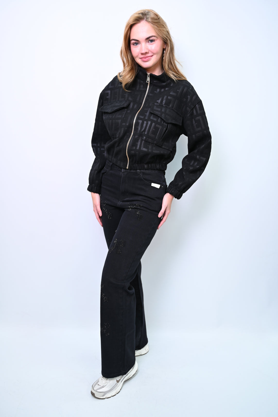 Midnight Glint – Embellished Black Denim Wideleg HelloMiss H979-5