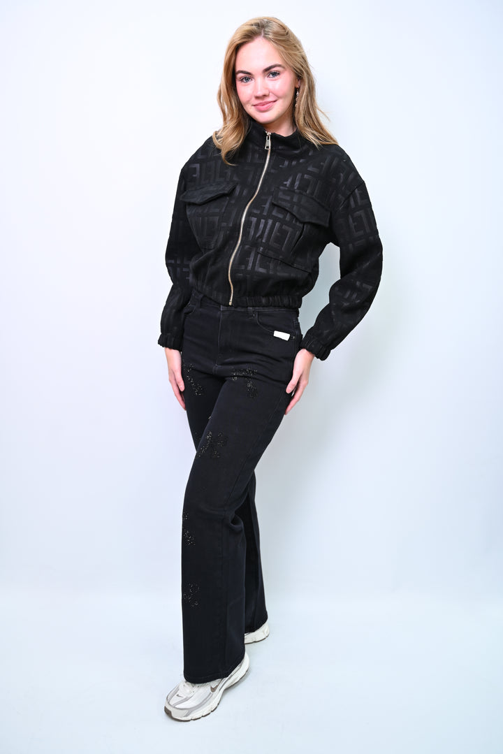 Midnight Glint – Embellished Black Denim Wideleg HelloMiss H979-5