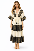 Bohemian Maxi Jurk met Broderie & Gouden Details – Crème/Zwart 313