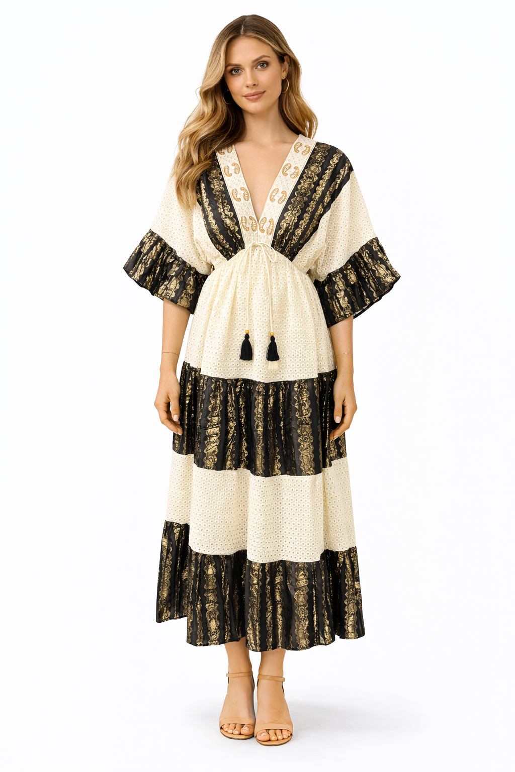 Bohemian Maxi Jurk met Broderie & Gouden Details – Crème/Zwart 313