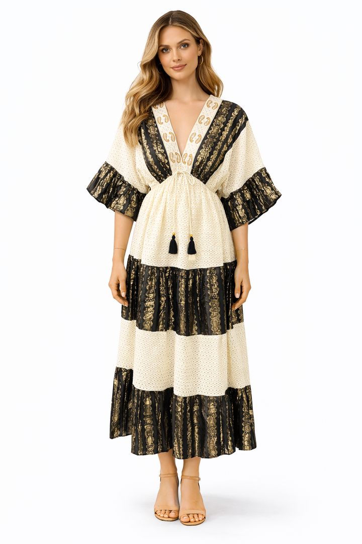 Bohemian Maxi Jurk met Broderie & Gouden Details – Crème/Zwart 313