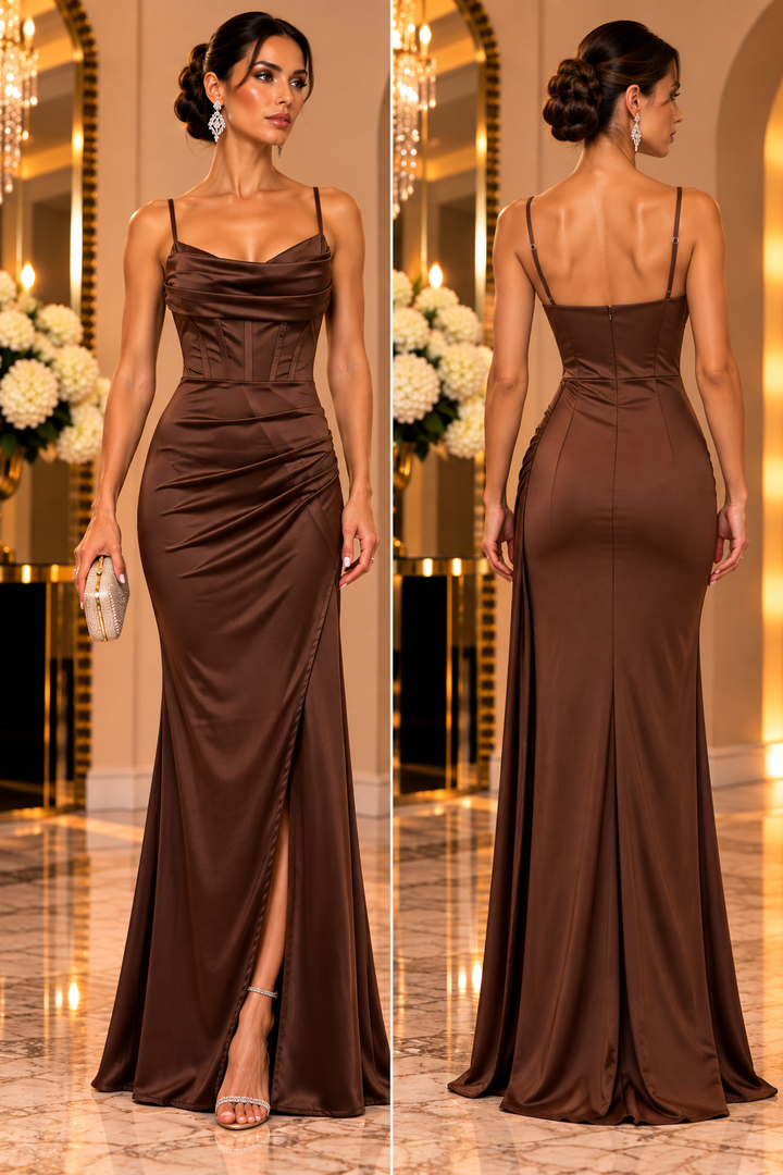 Luxe Draped Satin Gown V6455