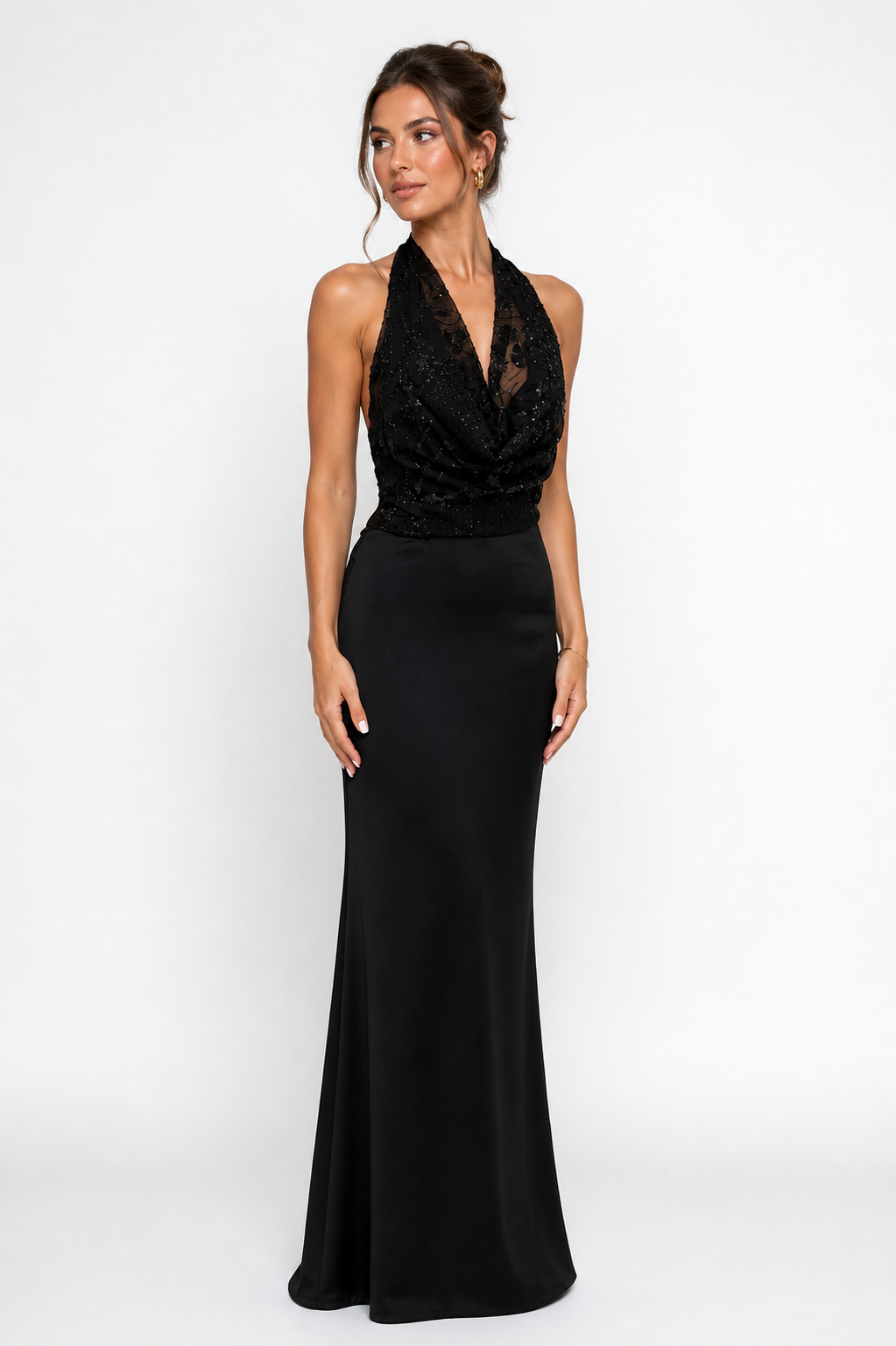 Luxe Halter Glamour Jurk – Satin & Sequin Elegance 6561