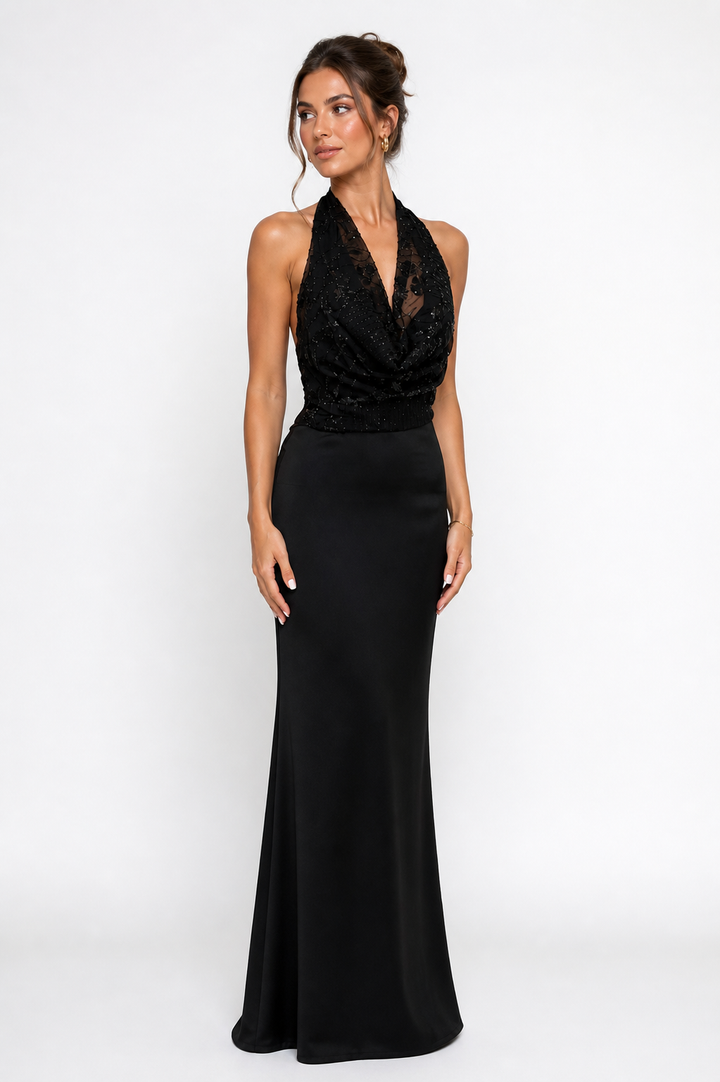 Luxe Halter Glamour Jurk – Satin & Sequin Elegance 6561
