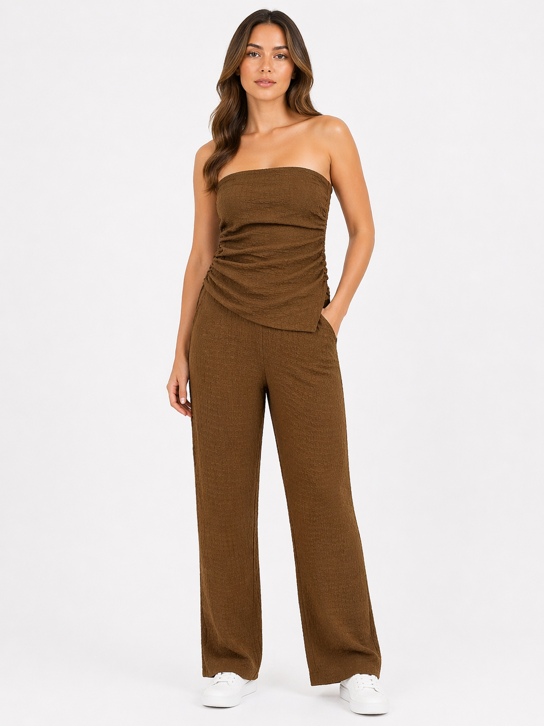 Luxe Strapless Co-Ord Set – Textured Top & Wide Leg Broek FR440