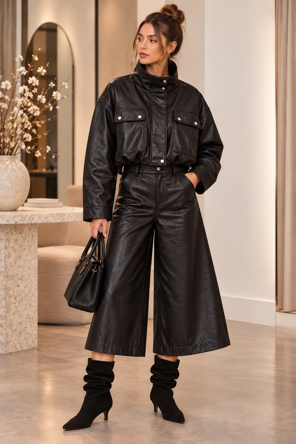 Leatherlook Bomberjack met Opstaande Kraag L62156