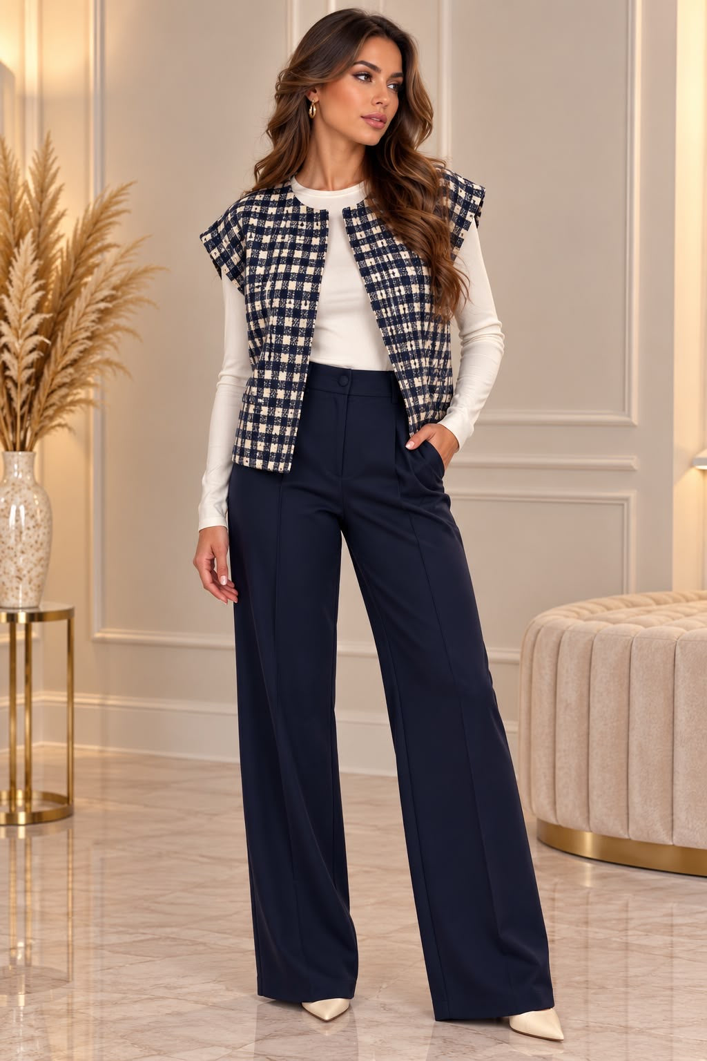 Geruite Tweed Gilet – Mouwloze Damesvest L62166
