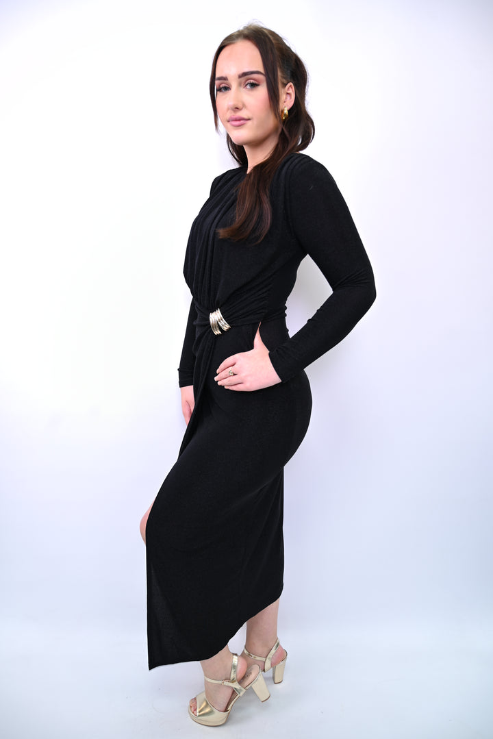 Long-Sleeve Drape Midi Dress with Buckle Detail 26113