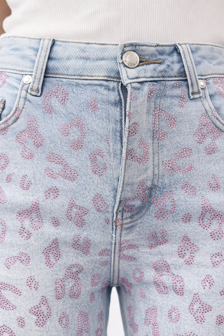 Light Blue Leopard Jeans met Strass – Flared Fit HM1579-1