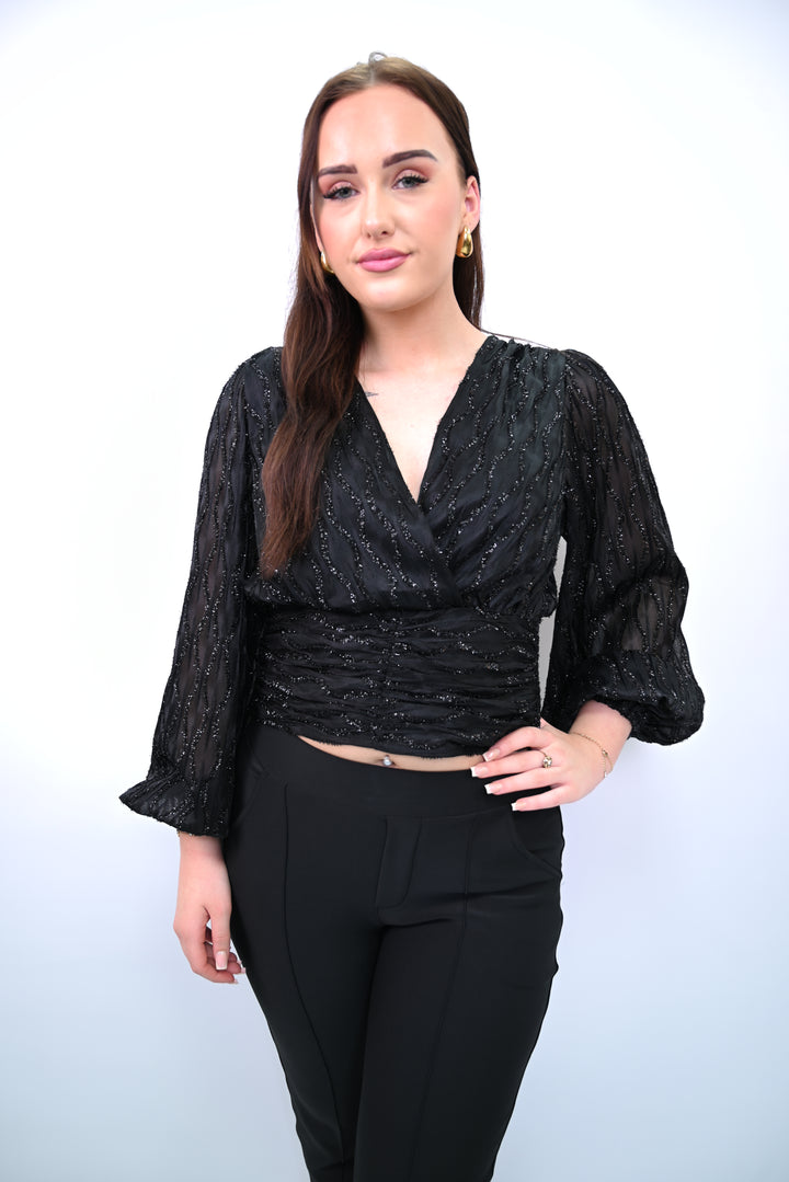 Brun de Minuit” – Textured V-neck Top CY5355