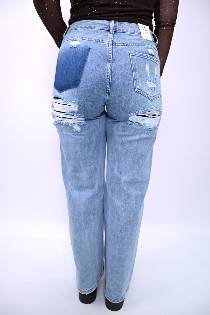 Patchwork Distressed High-Waist Straight Jeans G89Y