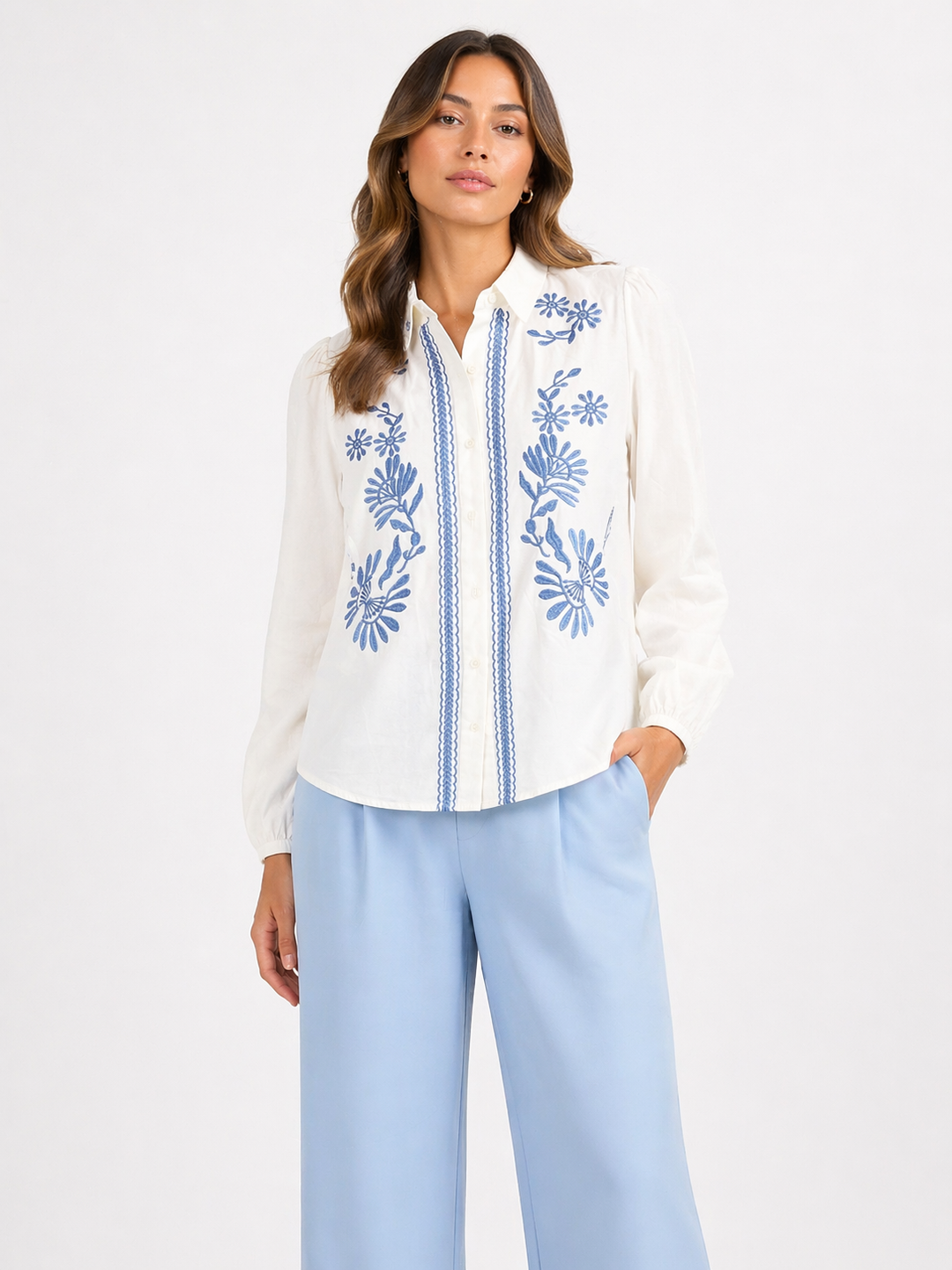 Blue Blossom Embroidery Blouse 7765-17