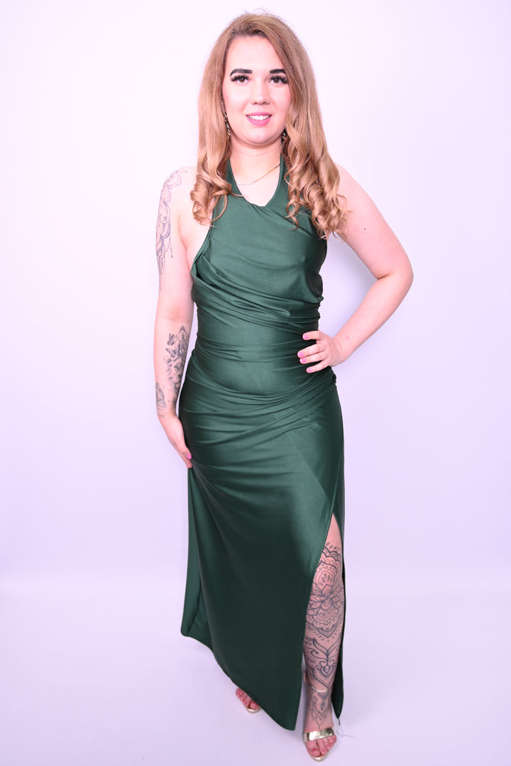 Lange avondjurk met split en satijnen glans 31378