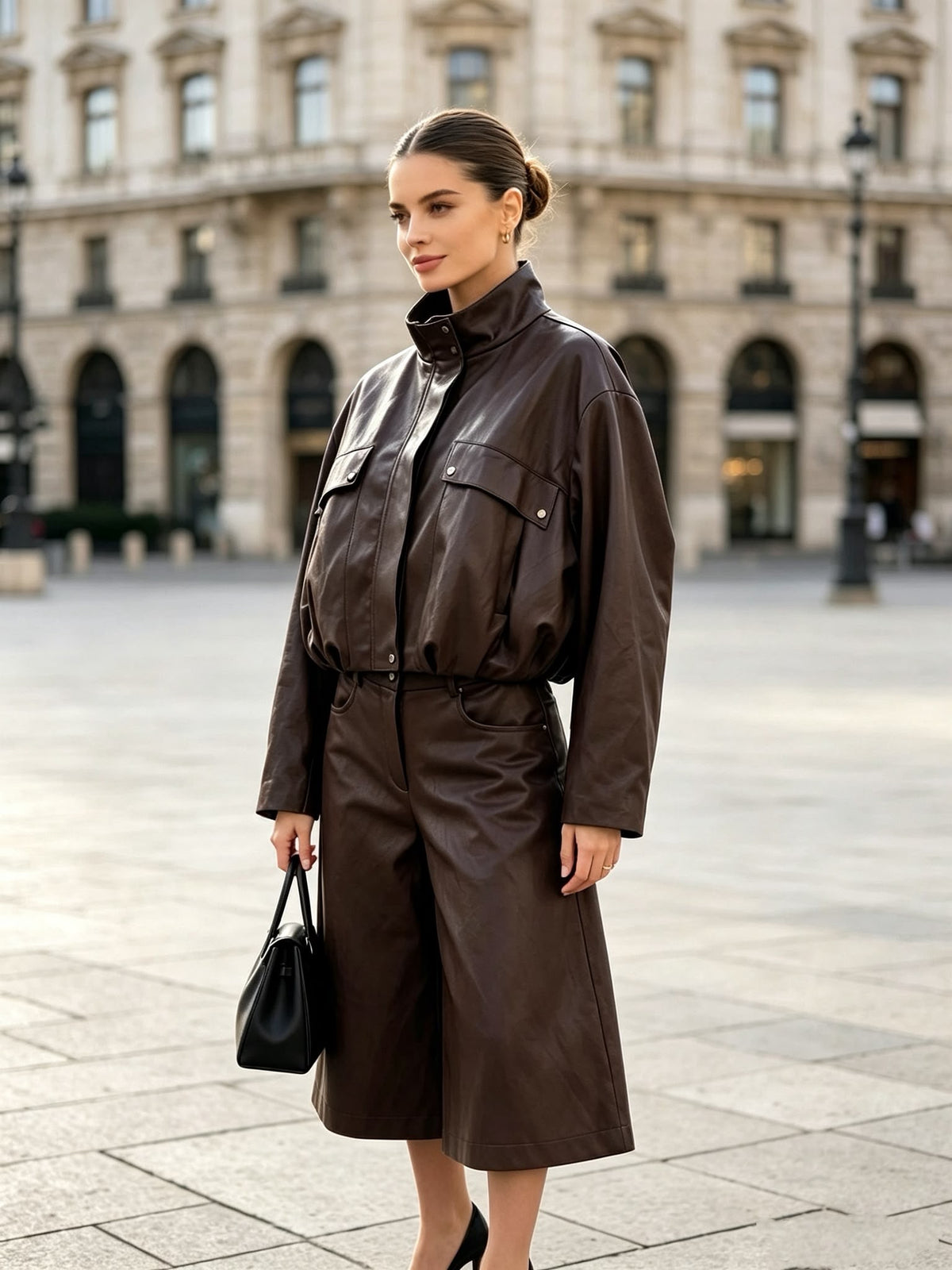Leatherlook Bomberjack met Opstaande Kraag L62156