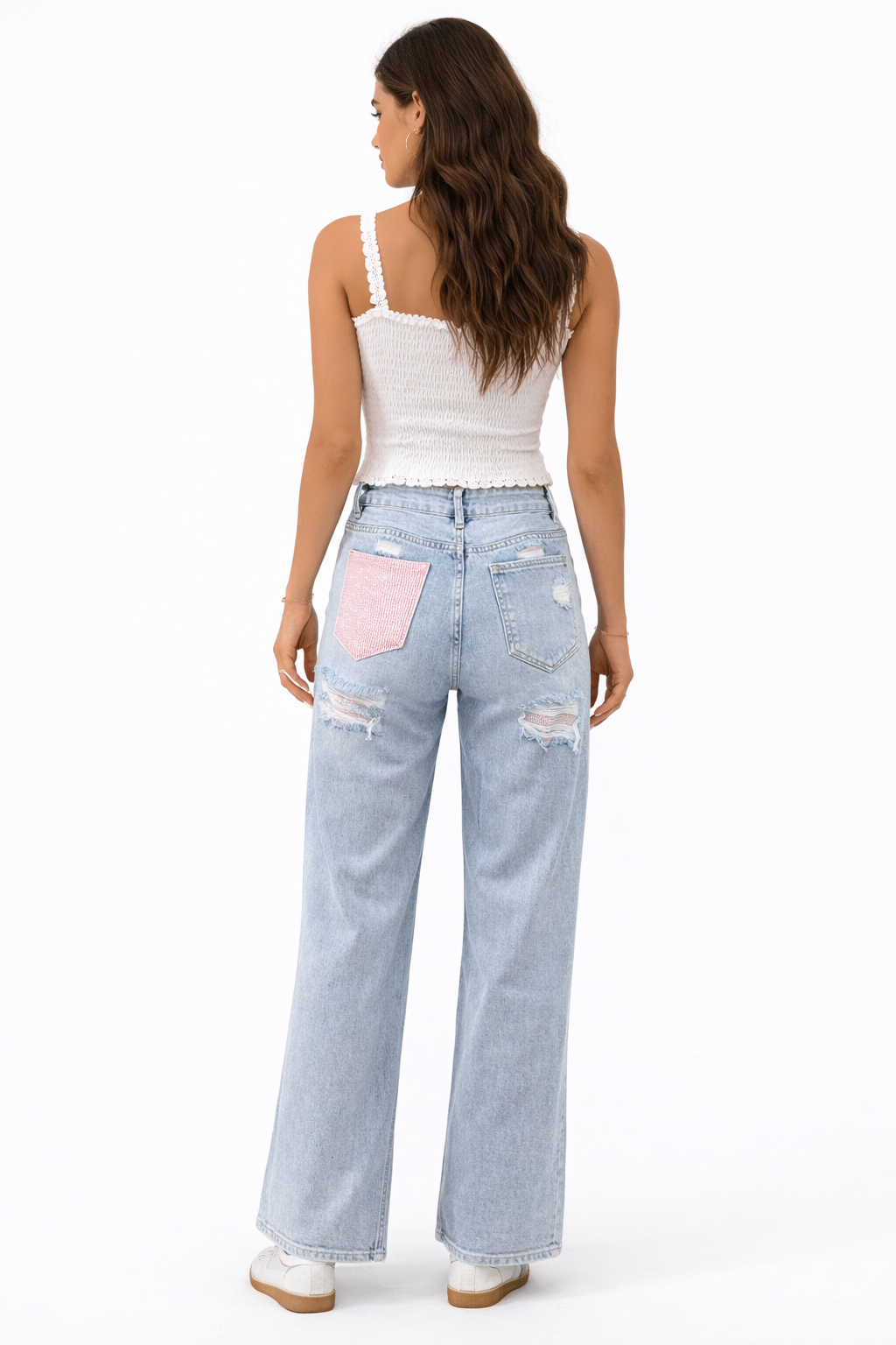 Light Blue Wide Leg Jeans – Pink Pocket Detail HelloMiss HM1576-1