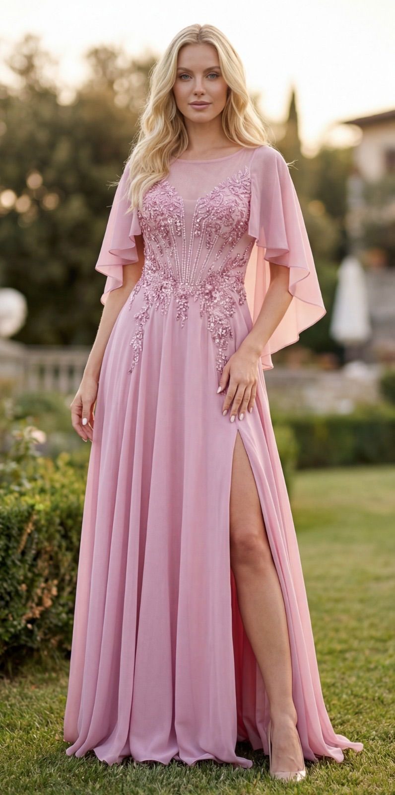 Celeste Glam Cape Evening Gown – Royal Blue, Blush Pink, Baby Blue & Ruby Red 0041