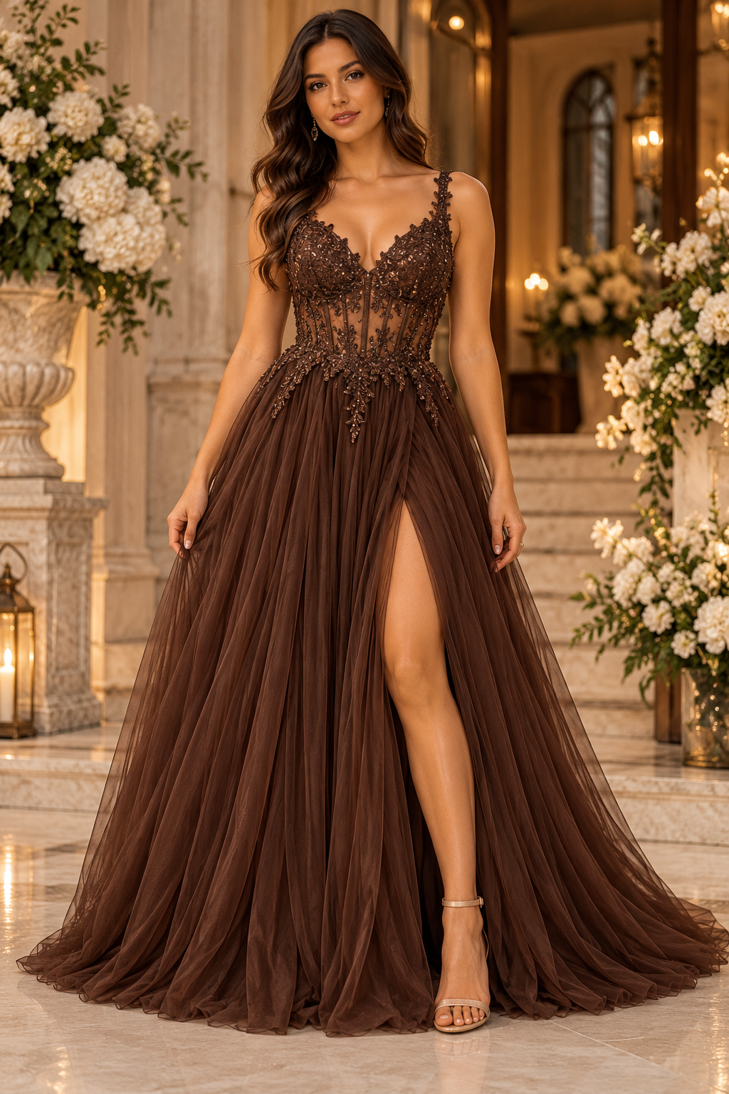 Chocolate Dream – Luxe Galajurk met Kanten Corset en Tule Rok 9232