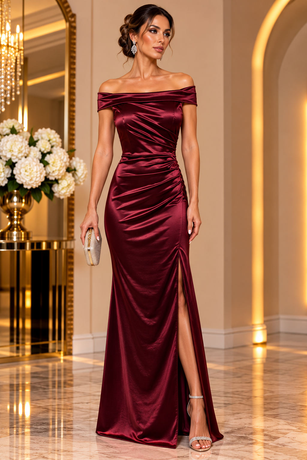 Sienna Satin Off-Shoulder Gown V6609