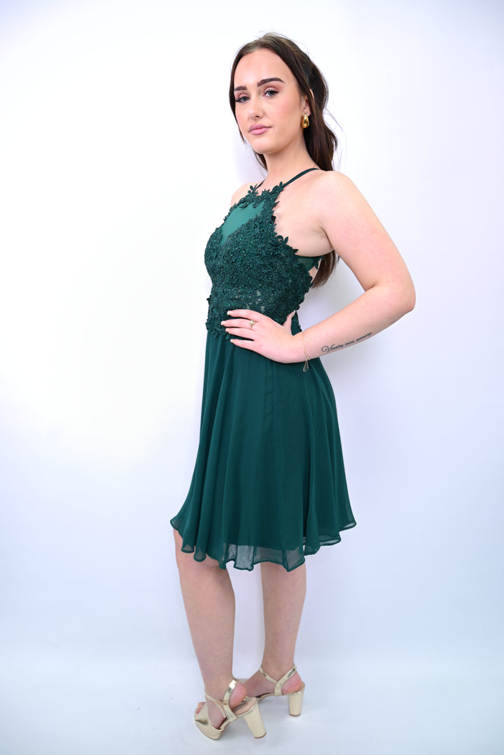 Halter Lace Chiffon Mini Dress 7014