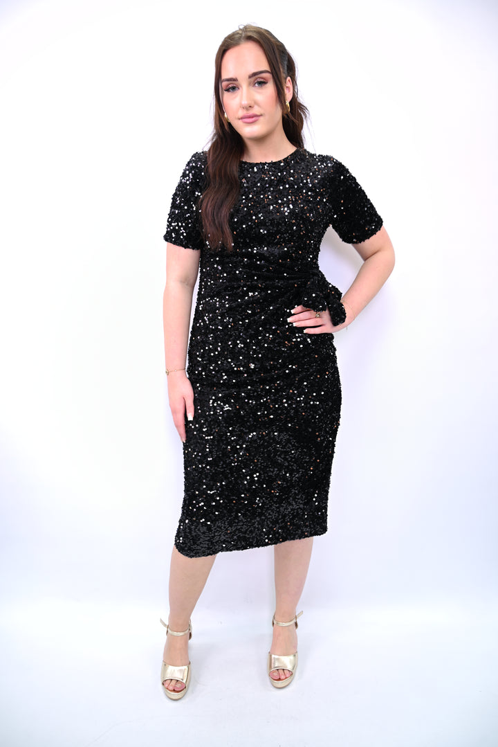 Short-Sleeve Sequin Ruched Midi Dress 2906