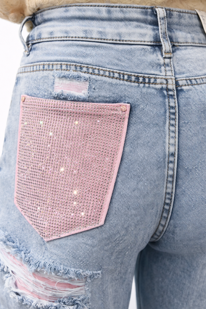 Light Blue Wide Leg Jeans – Pink Pocket Detail HelloMiss HM1576-1