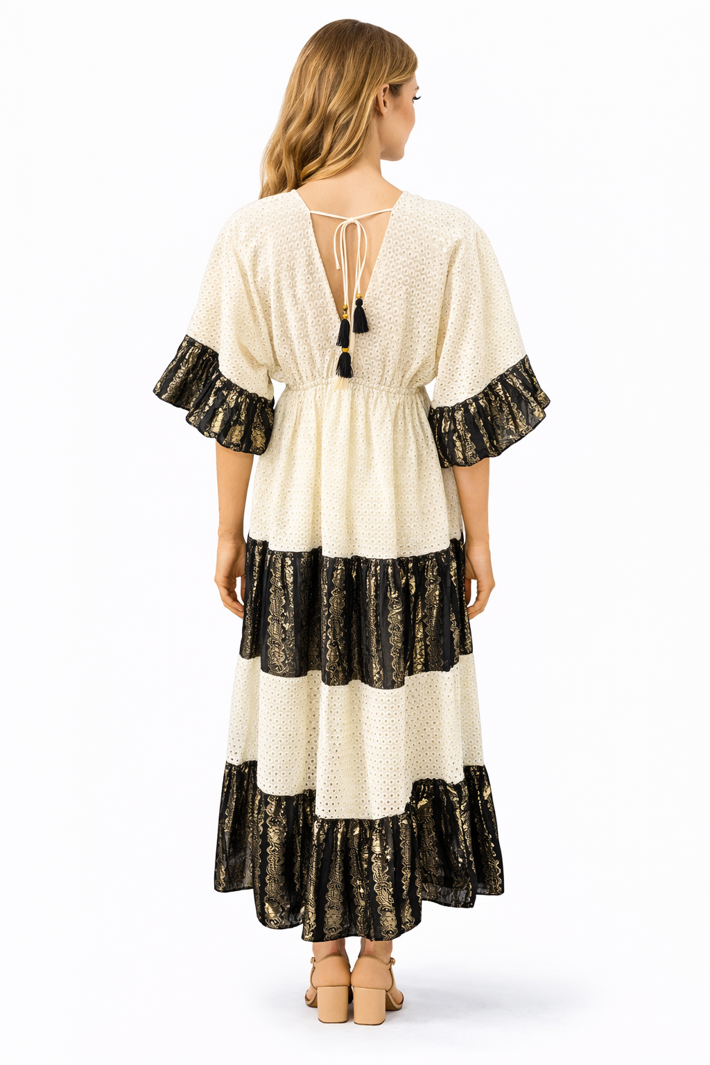 Bohemian Maxi Jurk met Broderie & Gouden Details – Crème/Zwart 313