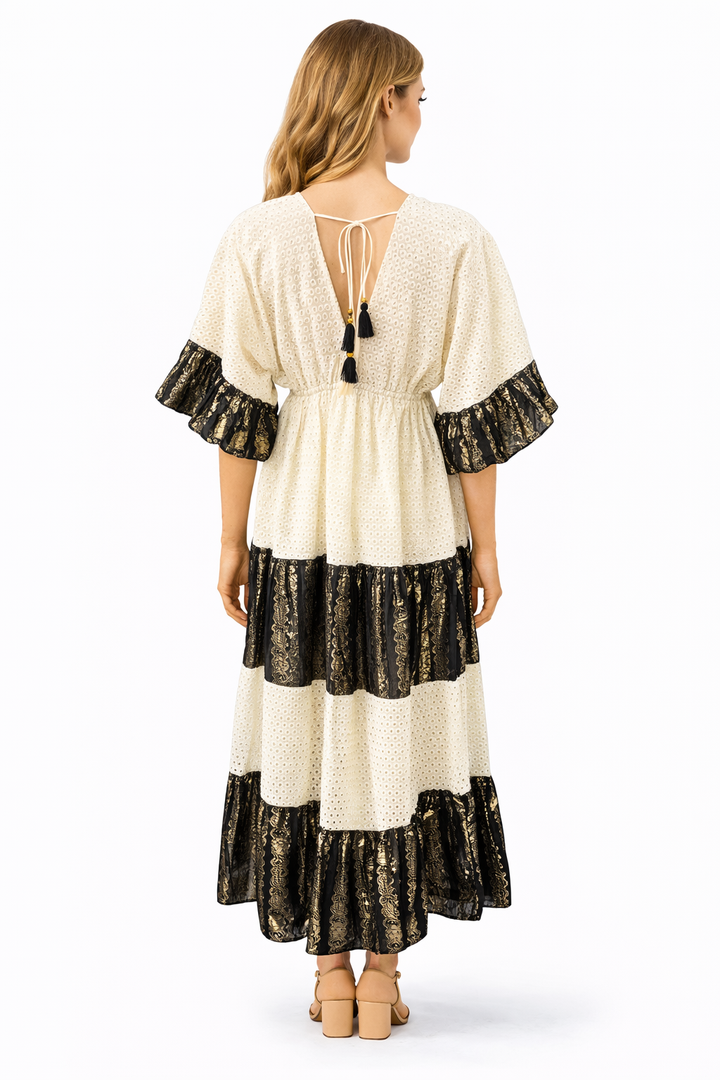 Bohemian Maxi Jurk met Broderie & Gouden Details – Crème/Zwart 313