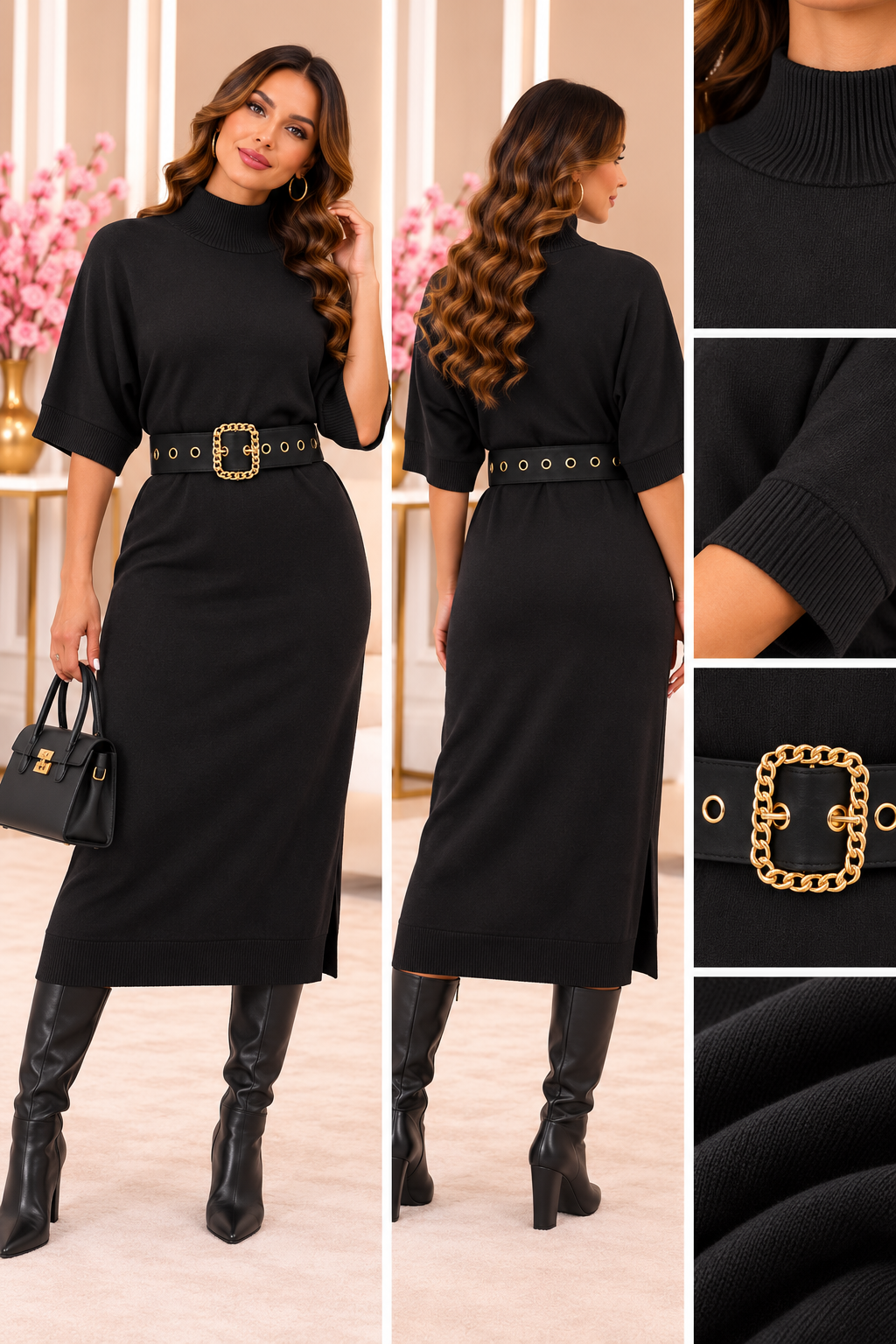 Luxe Ribbed Turtleneck Knit Dress Y1050