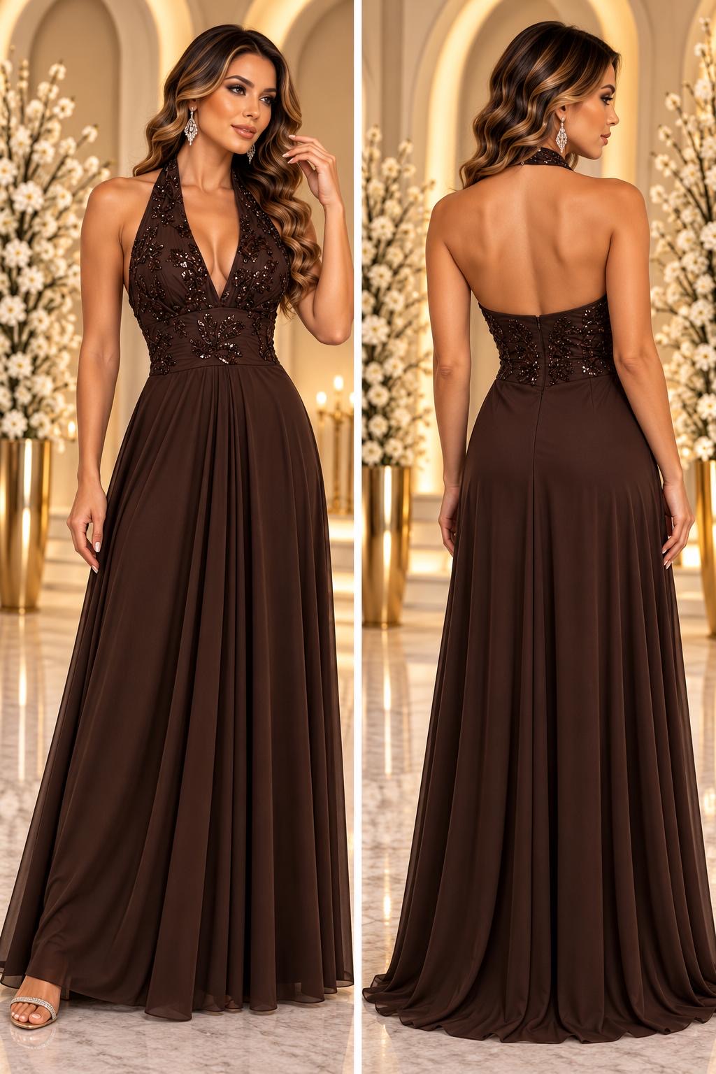 Celeste Embellished Halter Evening Gown 32190