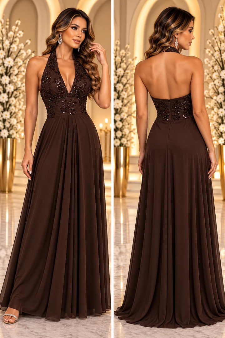 Celeste Embellished Halter Evening Gown 32190