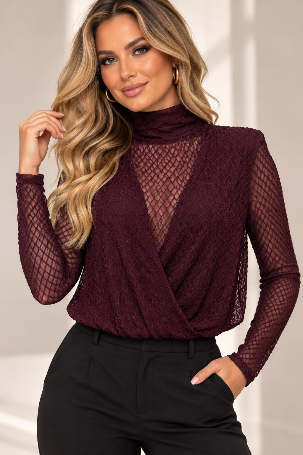 Luxe Mesh Wikkelblouse met Hoge Kraag 62016
