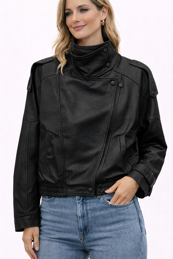 Luxe Edge Faux Leather Biker Jacket – Beige & Black 8822